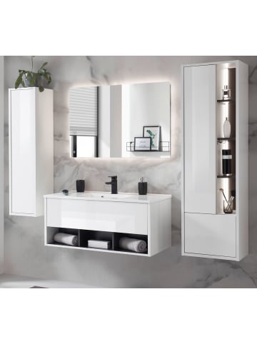 Furn.Design Badmöbel-Set weiß Hochglanz, grau 195 cm, Komplettset mit Waschbecken