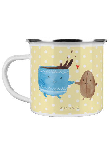 Mr. & Mrs. Panda Camping Emaille Tasse Kaffee Bohne ohne Spruch in Gelb Pastell