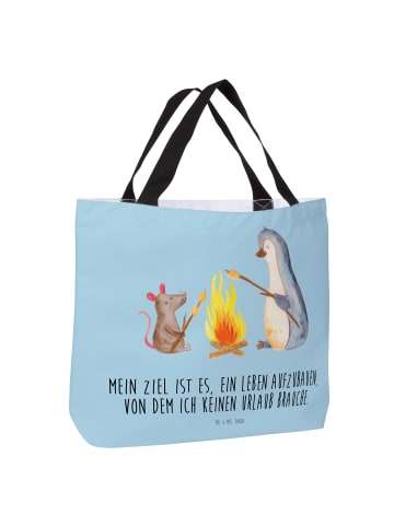 Mr. & Mrs. Panda Shopping Bag Pinguin Lagerfeuer mit Spruch in Eisblau