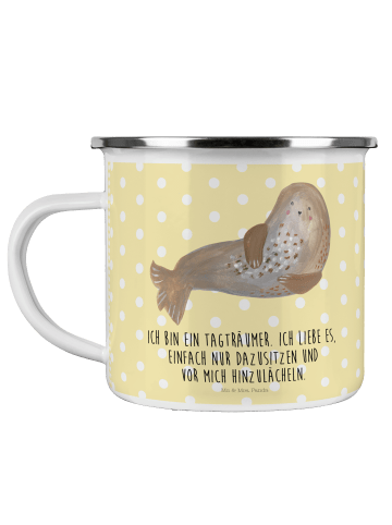 Mr. & Mrs. Panda Camping Emaille Tasse Robbe Lachen mit Spruch in Gelb Pastell