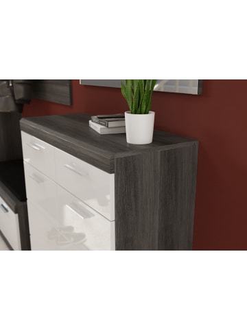 Inn.Furn Schuhschrank weiß Hochglanz, Rauchsilber grau 90 cm, Flur Kommode mit Vollauszug