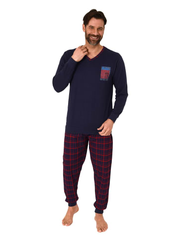 NORMANN langarm Schlafanzug Pyjama Bündchen und karierter Jersey Hose in navy