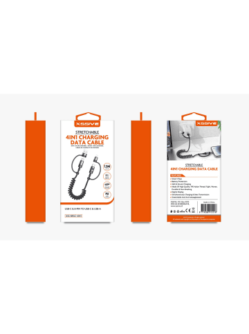 COFI 1453 Xssive 4in1 dehnbares 1,5m Lade-und Datenkabel Lightning & USB-C in Schwarz