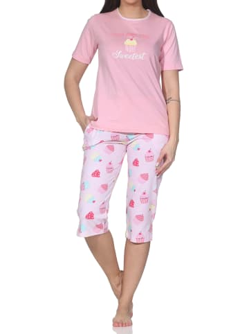 NORMANN Kurzarm Capri Schlafanzug Shorty Übergröße Cupcake in rosa