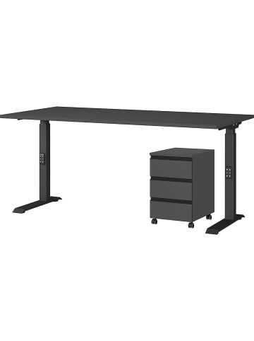 Büro-Set, Schreibtisch & Rollcontainer, Einstellbar 68-91 cm in Graphit