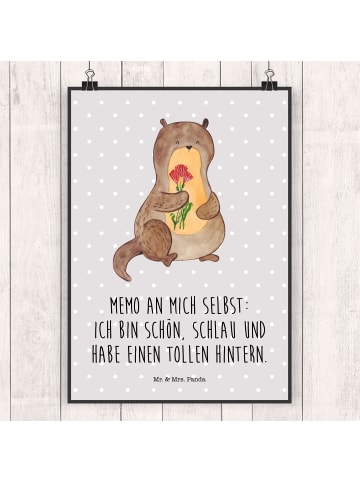 Mr. & Mrs. Panda Bild Otter Blumenstrauß mit Spruch in Grau Pastell