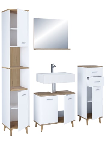 VCM 4-tlg. Komplett Badmöbel Badschrank Set Landos l in Weiß / Honig-Eiche