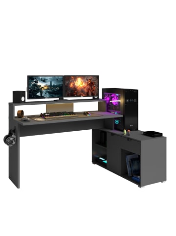 58 aufm Kessel GAMING SCHREIBTISCH Pasha 11 mit LED Beleuchtung Holznachbildung Grau