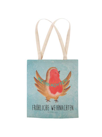 Mr. & Mrs. Panda Beutel Tasche Rotkehlchen Weihnachten mit Spruch in Eisblau