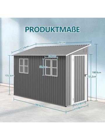ABRIHOME Gerätehaus in Grau 4x10 FT Metall mit Doppeltür Fenstern Pultdach für Garten
