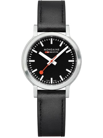 Mondaine Damenuhr stop2go mit Lederband 34 mm Schwarz / Silber