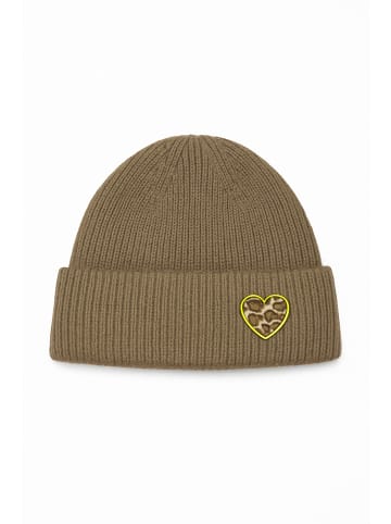 Faera Strickmütze mit Umschlag gerippt warm Herz Patch in Braun