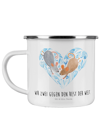 Mr. & Mrs. Panda Camping Emaille Tasse Mäuse Herz mit Spruch in Weiß