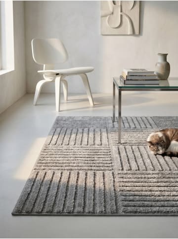 KADIMA DESIGN Hochflorteppich 3D Bögen Boho Waschbar Wohnzimmer in Silber