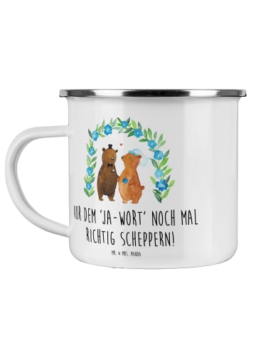 Mr. & Mrs. Panda Camping Emaille Tasse Polterabend Spaß mit Spruch in Weiß