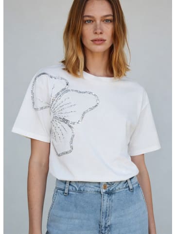 More & More edles Kurzarmshirt, Pailletten-Blume in offwhite