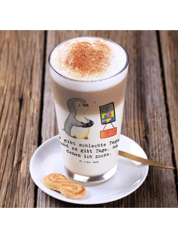 Mr. & Mrs. Panda Latte Macchiato Glas Pinguin Zocken mit Spruch in Transparent