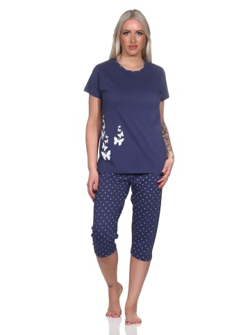 NORMANN Schlafanzug kurzarm Pyjama Caprihose Tupfen Punkte Optik in navy