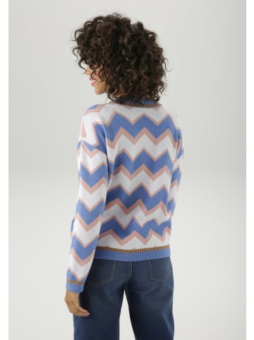 Aniston CASUAL Strickpullover in blau-altrosa-weiß-goldfarben