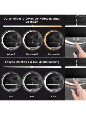 ZMH Badspiegel mit Beleuchtung in nickel Dimmbar IP44 rund mit Touch-Schalter Ø70cm