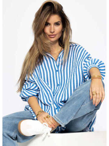 SASSYCLASSY Oversize Musselin Bluse mit hellen Streifen in Blau