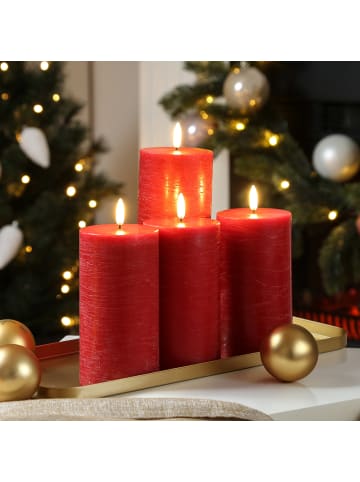 Uyuni 4er Set LED Kerzen PIA Rustik-Optik H: 15cm mit Batterien und Fernb in rot