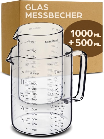 Praknu Glas Messbecher mit Ausguss - 1L & 500ml - Hitzebeständig &