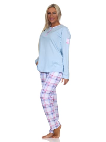 NORMANN Schlafanzug langarm Pyjama karierter Hose Jersey in hellblau