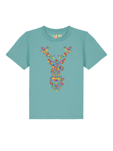 wat? Apparel T-Shirt Floral Deer in Teal Monstera