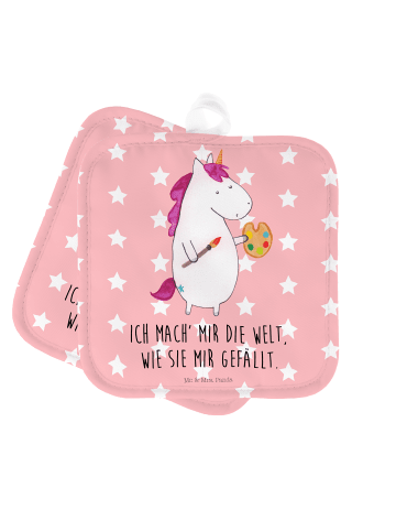 Mr. & Mrs. Panda 2er Set Topflappen  Einhorn Künstler mit Spruch in Rot Pastell