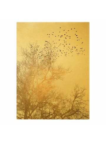 WALLART Leinwandbild Gold - Vogelschwarm vor goldenem Baum in Gold