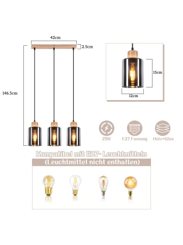 ZMH Pendelleuchte 3-flammige E27 in rauchgrau Holz und Glas Vintage