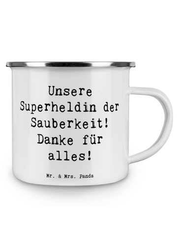 Mr. & Mrs. Panda Becher Emaille Spruch Putzfrau Superheldin mit ... in Weiß