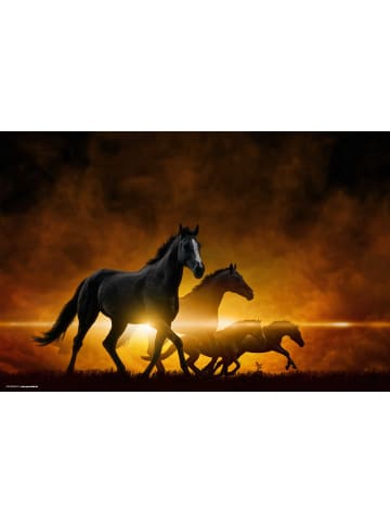 Tischsetmacher.de Schreibtischunterlage "Schwarze Pferde bei Sonnenaufgang" in Schwarz/Orange (L)60 x (B)40