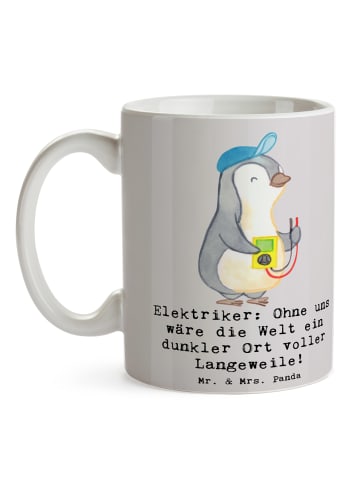 Mr. & Mrs. Panda Keramtiktasse Elektriker Helden mit Spruch in Grau Pastell