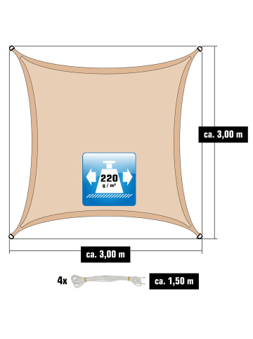 AMANKA HDPE Sonnensegel mit Befestigung 3x3m in Beige