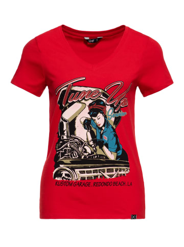 Queen Kerosin Queen Kerosin Kurzarm Print T-Shirt mit trendigem V-Ausschnitt Tune Up in rot