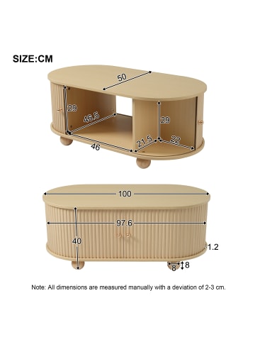 ABRIHOME Couchtisch in Holzfarbe oval mit Schiebetüren Stauraum platzsparend