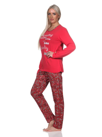 NORMANN Damen Schlafanzug lang mit lässigem Print und Allover-Muster in rot