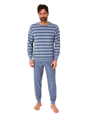 NORMANN Langarm Schlafanzug Frottee Bündchen in blaumelange