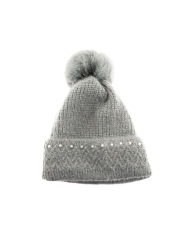Faera Bommelmütze mit Perlen bestickt Strickmütze mit Innenfutter in Grau