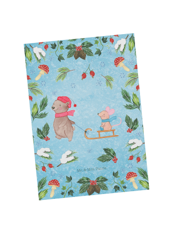 Mr. & Mrs. Panda Grußkarte Bär und Maus Schlitten ohne Spruch in Eisblau