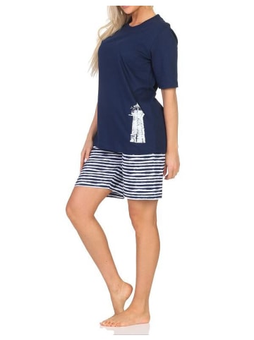 NORMANN Kurzarm Pyjama Schlafanzug Shorty Maritimer Look in marine