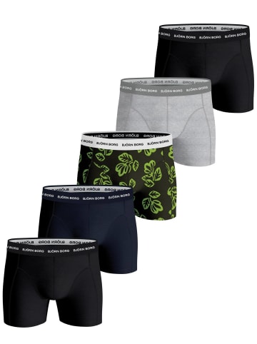 Björn Borg Boxershort 5er Pack in Schwarz/Dunkelblau/Hellgrau/Gün/Blätter