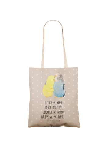 Mr. & Mrs. Panda Tote Bag Wellensittich Liebe mit Spruch in Grau Pastell