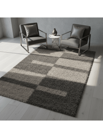 KADIMA DESIGN Teppich Hochflor Shaggy Waschbar Karo WERFEN Strapazierfähig in Taupe