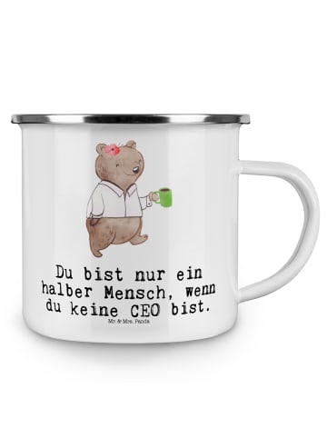 Mr. & Mrs. Panda Camping Emaille Tasse CEO Herz mit Spruch in Weiß