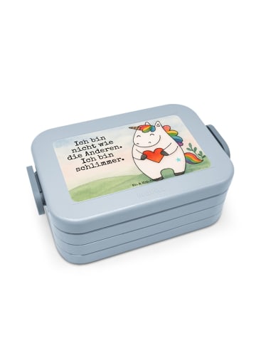 Mr. & Mrs. Panda Lunch Box Einhorn Herz Design mit Spruch in Blau Pastell