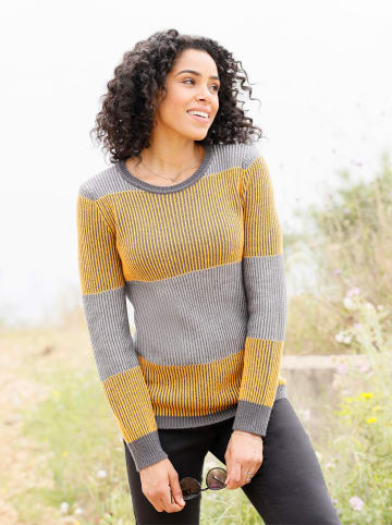 Sieh an! Rundhalspullover in anthrazit-meliert-ocker-gemustert