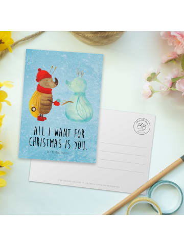 Mr. & Mrs. Panda Ansichtskarte Nachtfalter Schneemann mit Spruch in Eisblau